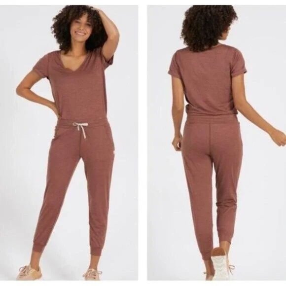 Vuori Pants - Vuori Women's All Day V-Neck Jumpsuit Short Sleeve in Terracotta Heather